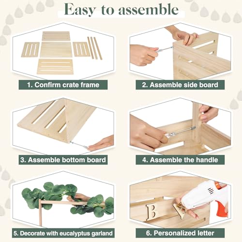 Barydat Wooden Baby Shower Crate Closet, Baby Basket with Handle and Garland, Baby Storage Crate Hamper, Baby Shower Wooden Gift Crate, Baby Letters Barydat