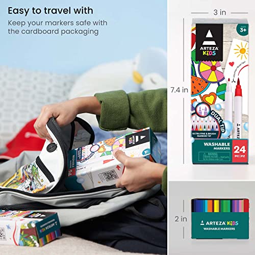 ARTEZA Kids Dual Tip Washable Markers, 24 Bright Colors, Marker Pens with Ultra Fine and Brush Tip, School Supplies for Kids Ages 3 and Up ARTEZA