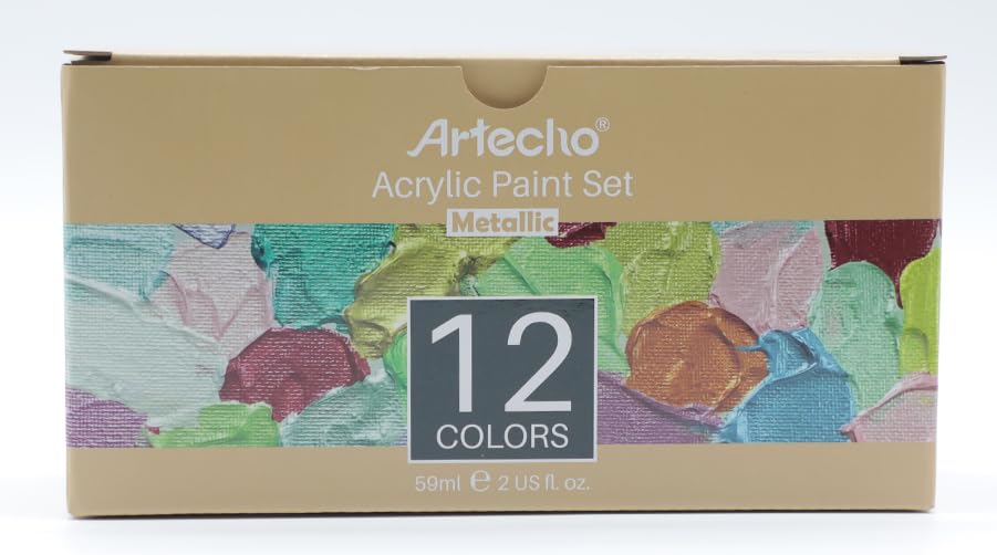 Artecho Metallic Acrylic Paint, 12 Colors Bottles (59ml / 2oz) Art Craft Paints for Canvas, Rock, Stone, Wood, Fabric, Art Supplies for Artists, Artecho