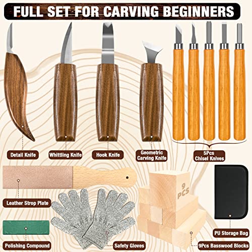Wood Carving Kit, 23pcs Wood Carving Tool with 4PCS Wood Carving Knives & 5PCS Detail Knives 9 Basswood Blocks & Gloves & Roll Bag & Strop Block & K KERNOWO