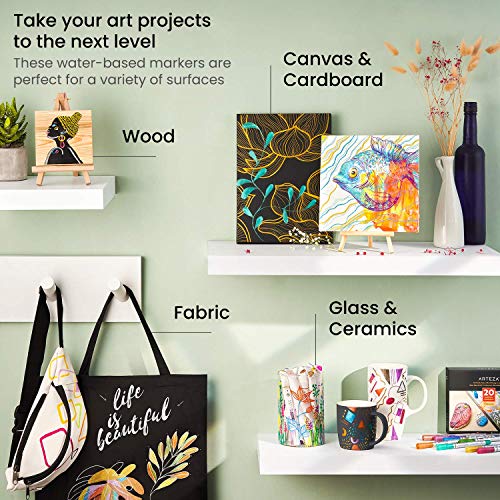 ARTEZA Metallic Acrylic Paint Markers, Set of 20, Paint Pens with Bullet and Wide Nib, Art & Craft Supplies for Glass, Pottery, Ceramic, Plastic, ARTEZA