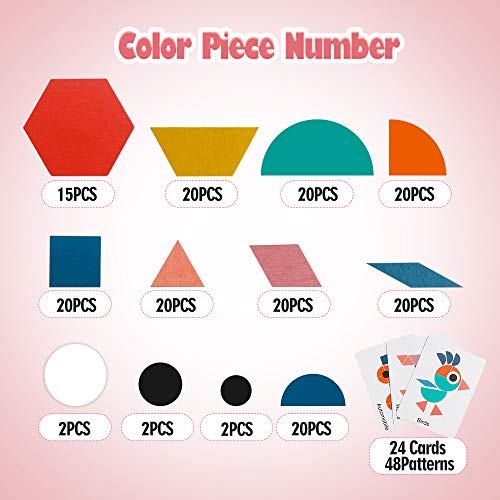 USATDD 180 Pcs Wooden Tangrams Pattern Blocks Set Geometric Manipulative Shape Puzzle Kindergarten Classic Educational Montessori Toys for Kids USATDD