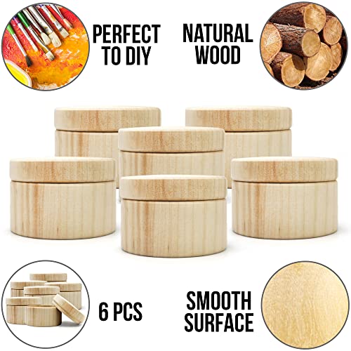 Mini Wooden Round Boxes with Lid 3''x2'' Set 6 pcs - Blank Storage Wood Craft Box Unpainted Unfinished DIY - Small Circle Boxes Crafts to Paint AEVVV