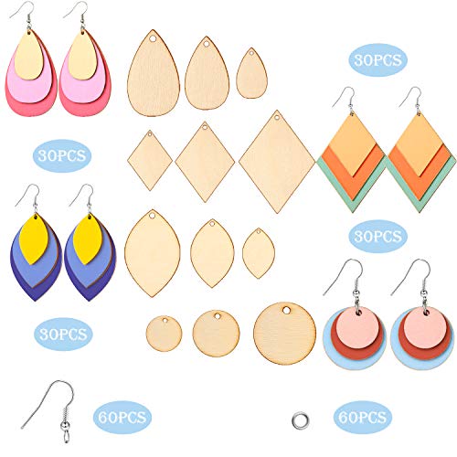 120 Pieces Unfinished Wooden Earrings Blanks Wooden Teardrop Earrings Set Wood Pendants with 60 Pieces Earring Hooks and 60 Pieces Jump Rings for Hicarer