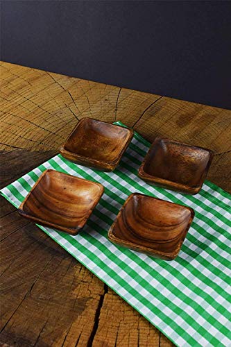 Acacia Handmade Wood Carved Plates - Set of 4 Calabash Bowls Size 4" (Square) BSRN