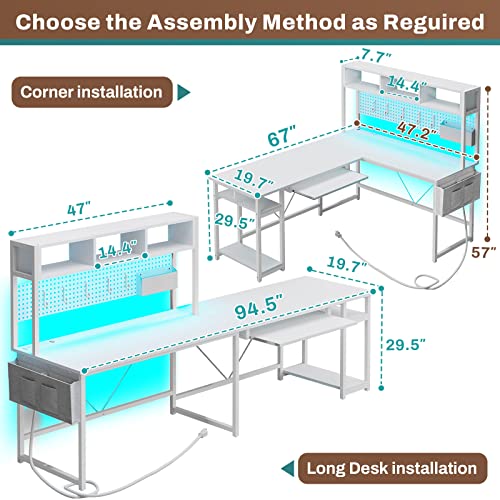 SEDETA White L Shaped Gaming Desk, Reversible Corner Desk with Power Outlet and Pegboard, L Shaped Desk with Hutch, Storage Shelf, Keyboard Tray, and SEDETA