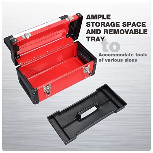 Jack Boss Metal Tool Box Steel 16" Inch Tool Organizer Box Durable Portable Tool Storage with Alum Alloy Handle Double-Lock Toolbox & Removable Tray Jack Boss