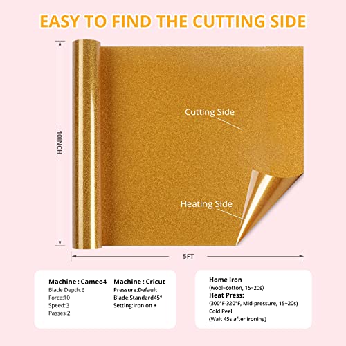 HTVRONT Gold Glitter Heat Transfer Vinyl - 10" x 5FT Gold Glitter HTV Vinyl for T-Shirts, Gold Glitter Iron on Vinyl for All Cutter Machine(Gold HTVRONT