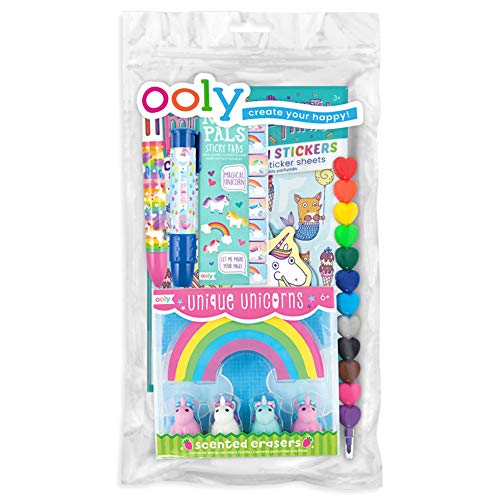 Ooly Happy Pack, 12 Crayons + Scented Erasers + Note Pals + 6 Click Pen + Clickit Eraser + Scented Stickers - Oh My! Unicorns & Mermaids Ooly