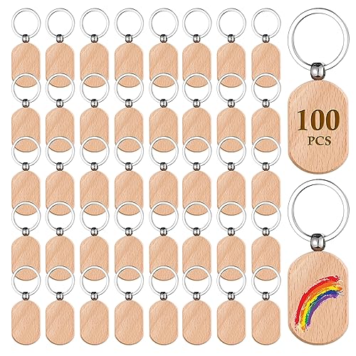 Voittozege 100 Pcs Wooden Keychain Blanks Wood Key Chain Bulk Rounded Square Wooden Blank Keychains Unfinished Blanks Wood Keychains Blank Wooden Key Voittozege