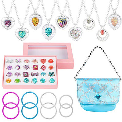 WATINC 42Pcs Princess Pretend Jewelry Toy Girl’s Jewelry Dress Up Play Set Included Blue Shiny Handbag Necklaces Adjustable Diamond Rings Bracelets