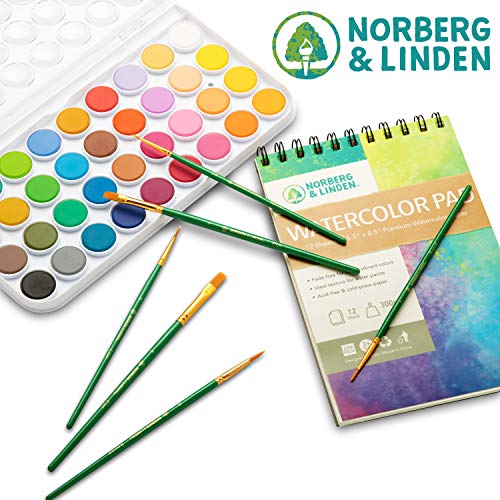 Norberg & Linden Watercolor Paint Set - 36 Premium Paints - 12 Page Pad - 6 Brushes - Painting Supplies with Palette, Watercolors, Art Pad Paper and Norberg & Linden