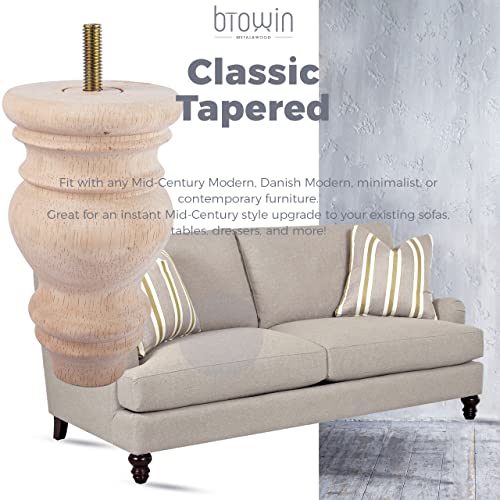 5 inch Unfinished Wooden Bun Feet, Btowin 4Pcs Solid Wood Furniture Legs with Threaded 5/16'' Hanger Bolts & Mounting Plate & Screws for Sofa Couch Btowin