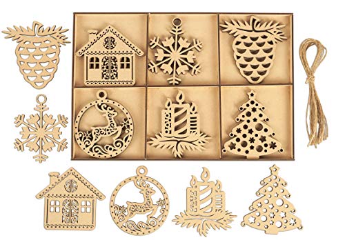 Inkdotpot 18pcs Wooden Christmas Ornaments, Unfinished Wooden Laser Cutouts Snowflakes/Tree Shaped Embellishments Hanging Ornament for Christmas Inkdotpot