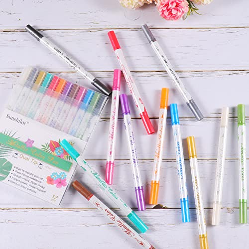 Sunshilor Dual Tip Metallic Marker Pens, Brush and Fine Point Pens for Black Paper, Rock Painting, Easter Egg, Halloween Pumpkin, Card Making, Metal, Sunshilor