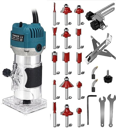 110V Router Tool, 800W Wood Trim Router, 30000RPM Electric Hand Trimmer, Palm Router with 15x 1/4” Router Bits & 2x Trim Guides for Woodworking