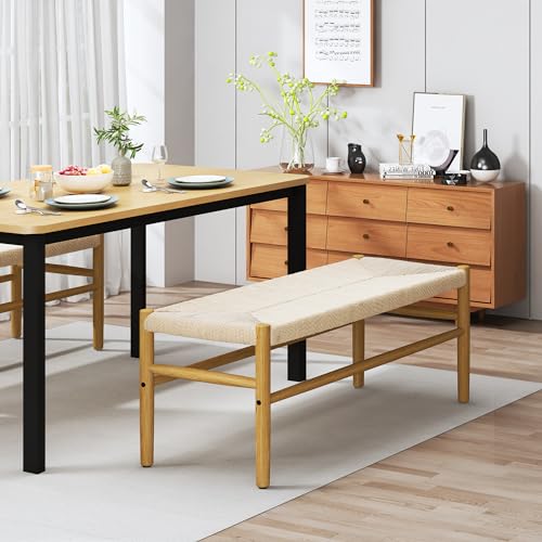 Recaceik Indoor Entryway Bench with Paper Cord Ottoman, Mid-Century Long Bench with Rubber Wood Legs, French Vanity End Bed Bench for Bedroom Living Recaceik