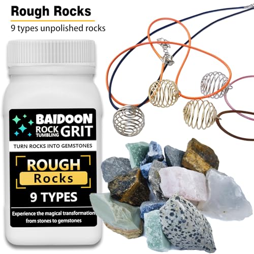 6 in 1 Rock Tumbler Grit Full Function Set – 4 Step Tumbling Grit, 1 Ceramic Refill Media, 9 Varieties Rough Rocks, Rock Tumbler Grit Polish Refill, BAIDOON