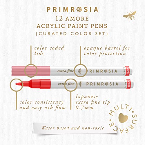 Primrosia 12 Amore Acrylic Paint Pens for rock painting, paper, wood, ceramic, stone, canvas – Extra Fine Tip Markers Set Primrosia