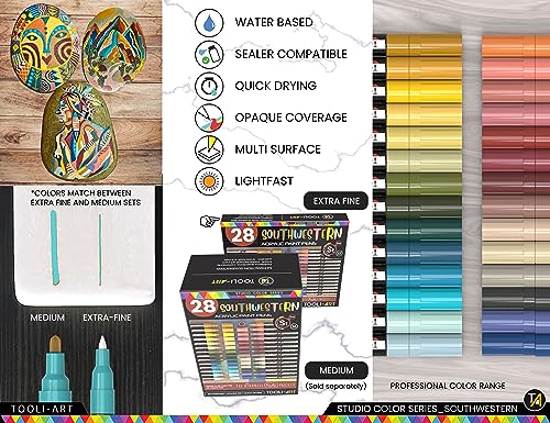 28 Southwestern Colors Acrylic Paint Pens Studio Color Series Markers Set 0.7mm Extra Fine Tip, Rock Painting, Glass, Mugs, Wood, Metal, Canvas, DIY, TOOLI-ART