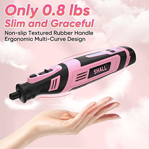 SHALL 8V Cordless Rotary Tool Kit, Pink Lightweight 2.5 Ah Battery Rechargeable Rotary Tool w/ 121 Accessories, 5-Speed Power Rotary Tool for SHALL