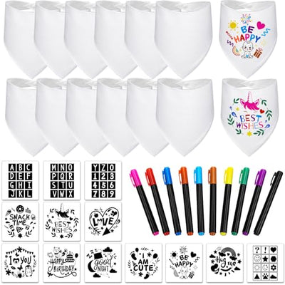 Jutom 38 Pcs DIY Baby Bibs Decorating Sets Includes 14 White Baby Bibs 10 Fabric Paint Markers 14 Stencils, 2 Ply Cotton Drool Bibs Plain Baby Shower