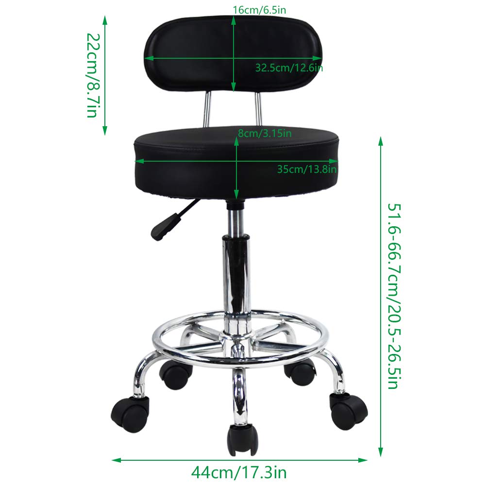 KKTONER PU Leather Rolling Stool Mid-Back with Footrest Height Adjustable Office Computer Home Drafting Swivel Task Chair with Wheels (Black) KKTONER