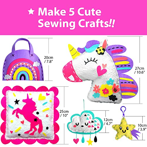 KRAFUN My First Unicorn Kids Sewing kit, Beginner Arts & Crafts, Make 5 Cute Projects with Plush Stuffed Animal, Pillow, Mobile, Keyring and Bag, KRAFUN