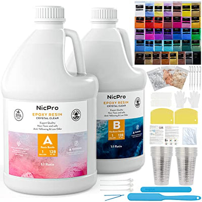 Nicpro 2 Gallon Crystal Clear Epoxy Resin Kit, Casting and Coating Resin Supplies for Art Craft Tabletop, Jewelry Making, Molds, Bar Top with 36 Mica