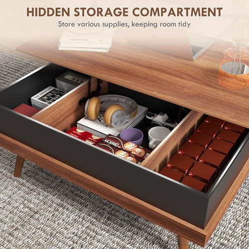 HOMCOM Lift Top Coffee Table with Hidden Compartment, 39.25" Wooden Center Table with Safety Hinges and Wood Legs for Living Room, Home Office, HOMCOM