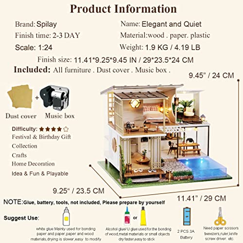 Spilay DIY Dollhouse Miniature Wooden Furniture Kit,Handmade Craft Mini Villa Model with Dust Proof Cover and Music Box,1:24 Scale Creative Doll Spilay