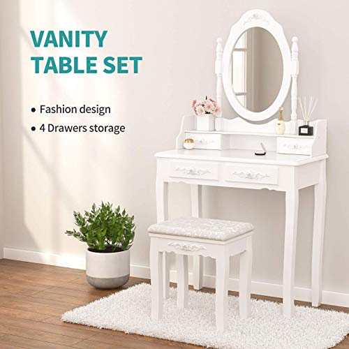 Mecor Vanity Table Set ,Makeup Table with Oval Mirror & Stool, Bedroom Wood Dressing Table with 4 Drawers White mecor