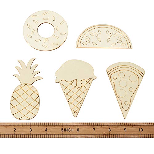 Elecrelive 25pcs Natural Unfinished Wooden Cutouts Ornaments Watermelon Ice Cream Pizza Pineapple Doughnut Blank Wood Slice Pieces for DIY Art Crafts EEE ELECRELIVE