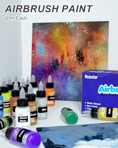 Airbrush Paint, 22 Colors with 2 Thinner Airbrush Paint Set, Water-Based Air brush Paints Acrylic Ready to Spray Includes Metallic & Neon Colors, Roizefar
