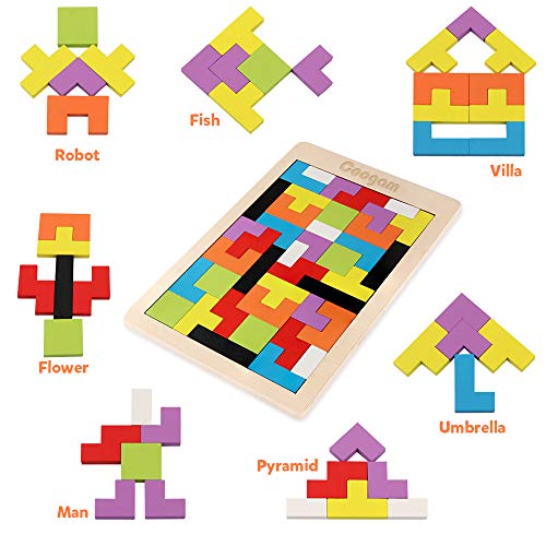Coogam Wooden Blocks Puzzle Brain Teasers Toy Tangram Jigsaw Intelligence Colorful 3D Russian Blocks Game STEM Montessori Educational Gift for Kids