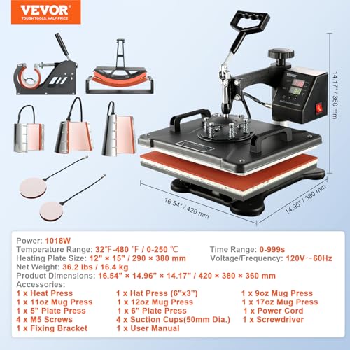 VEVOR Heat Press Machine 8 in 1 Combo Heat Press 15x12 Inch Heat Transfer Machine 360-Degree Swing Away Digital Tshirt Press Multifunction Heat VEVOR