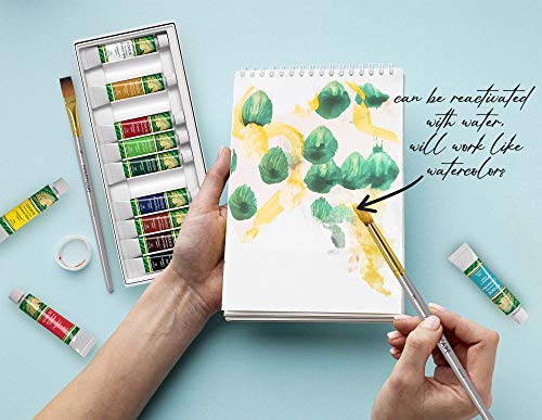 MyArtscape Supplies Paint Set - Gouache 12 x 12ml Paint Tubes - Fade-proof - Rewettable - High Pigment Load - with Premium Set of 15 Short Handle Art MyArtscape