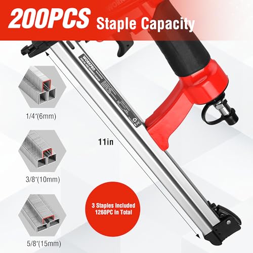 WORKPRO Pneumatic 20 Gauge Staple Gun, Oil-Free T50 Upholstery Stapler with 1260pcs 1/4" to 5/8" Staples, 200pcs Staple Capacity, Adjustable Exhaust, WORKPRO