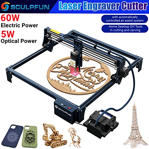 SCULPFUN S30 Laser Engraver with Air Assist System (Pump & Nozzle), 60W Laser Engraving Cutting Machine, 5.5-6W Optical Power Laser Cutter for Xmas SCULPFUN