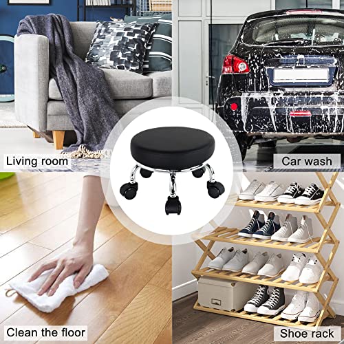 WKWKER Modern Roller Seat PU Leather Low Round Rolling Stool 360° Swivel Small Stool with Universal Caster Wheels Foot Stool for Home Office Garage WKWKER
