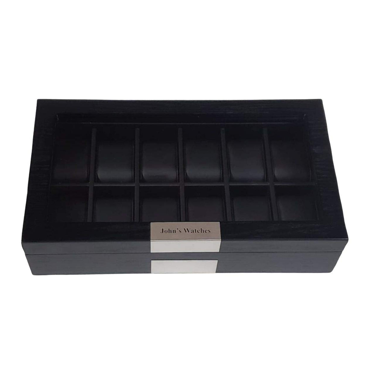 TIMELYBUYS Personalized 12 Black Wood Watch Box Display Case Storage Jewelry Organizer with Glass Top, Stainless Steel Accents, and Oversized Deluxe TIMELYBUYS