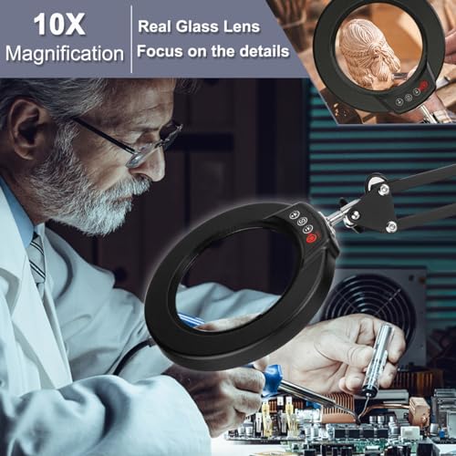10X Magnifying Glass with Light, Krstlv Upgrade Button 5 Color Modes Stepless Dimmable 2-in-1 LED Lighted Desk Lamp & Clamp, Hands Free Magnifier Krstlv