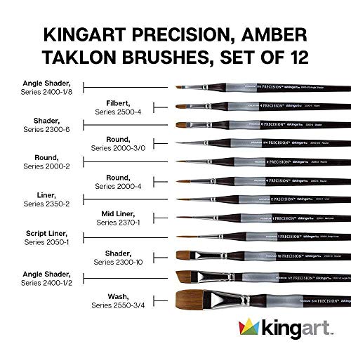KINGART 1070B Premium Precision Mixed Media Artist Paint Brushes Set of 12, Ergonomic Comfort Short Handle, Oil, Watercolor, Acrylic Painting, Gift KINGART