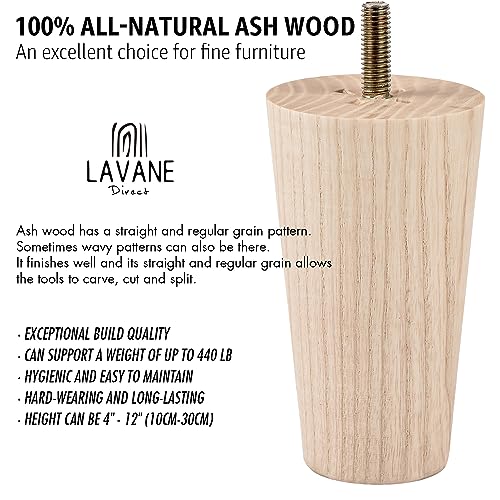 6 inch Unfinished Ash Wood Furniture Legs, LAVANE Set of 4 Mid-Century Modern Tapered Wooden Replacement Feet with Pre-Drilled 5/16 Inch Bolt & La Vane