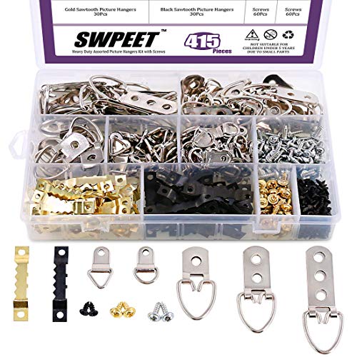 Swpeet 415Pcs Picture Hangers Kit with Screws, Heavy Duty Assorted Picture Hangers Assortment Kit for Picture Hanging Solutions with Transparent Box Swpeet
