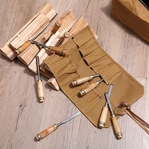 Heavy Duty Waxed Canvas Small Tool Bag Tool Pouch for Chisels, Hammers, Gouges Palm Tools (Khaki) Denifiter