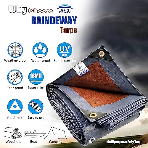 RAINDEWAY 12x20 Feet Super Heavy Duty Tarp 18 Mil, UV Resistant, Weatherproof, Multipurpose Waterproof Poly Tarp with Grommets and Reinforced Edges, RAINDEWAY