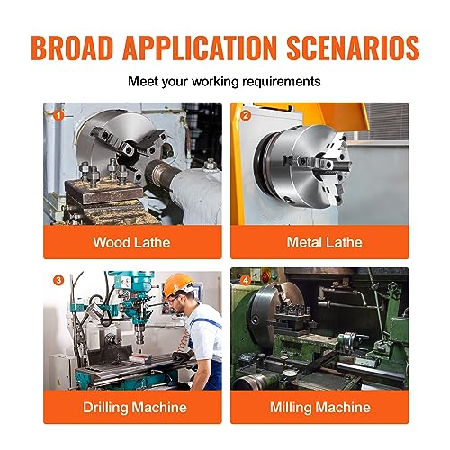 VEVOR 3-Jaw Lathe Chuck, 10'', Self-Centering Lathe Chuck, 0.24-9.84 in/6-250 mm Clamping Range with T-key Fixing Screws Hexagon Wrench, for Lathe 3D VEVOR