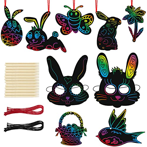 Easter Scratch Art for Kids Bulk, Set of 48 Scratch Art Ornaments, Wooden Stick, & Ribbon, Easter Craft Kit, Unique Teen Easter Basket Stuffers, Cool ArtCreativity