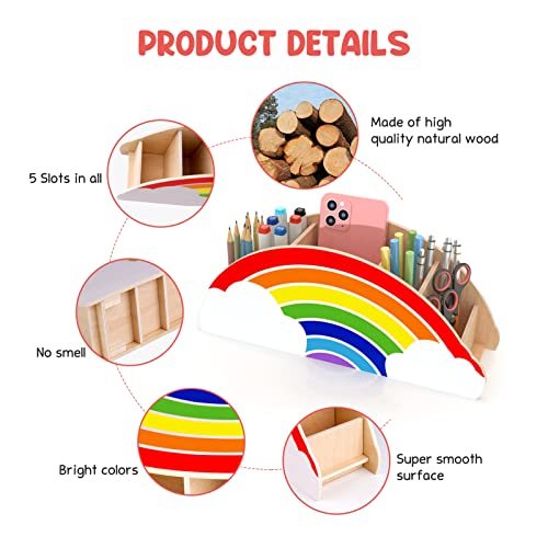 GAMENOTE Wooden Pen Holder & Pencil Holders - Rainbow Supply Caddy Phone Holder Desk Organizer for Office Supplies Makeup Brush Classroom GAMENOTE